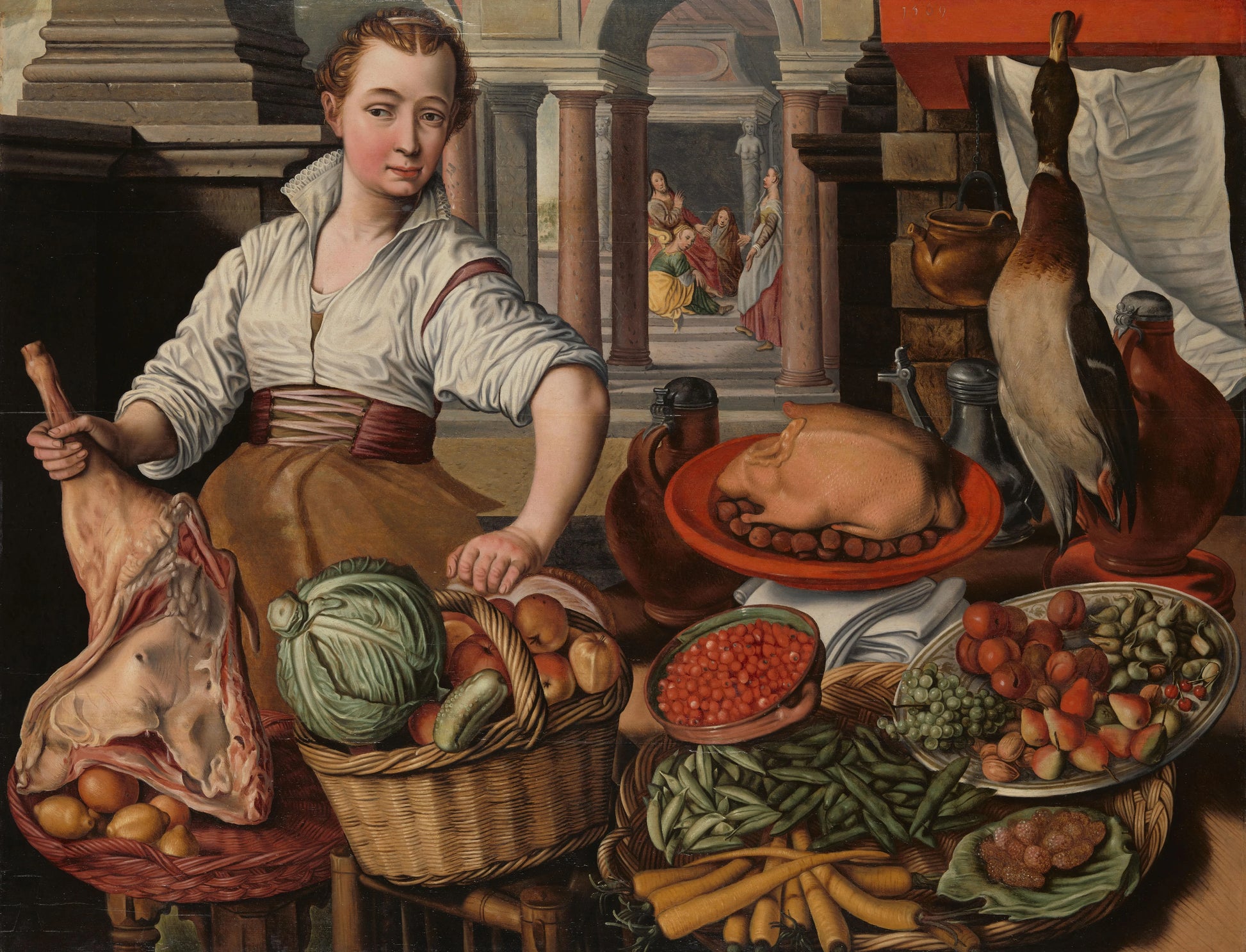 Kitchen Scene, with Jesus in the House of Martha and Mary in the background – kopie naar Joachim Bueckelaer Vintage Still Life Art Print | Wall Art Poster