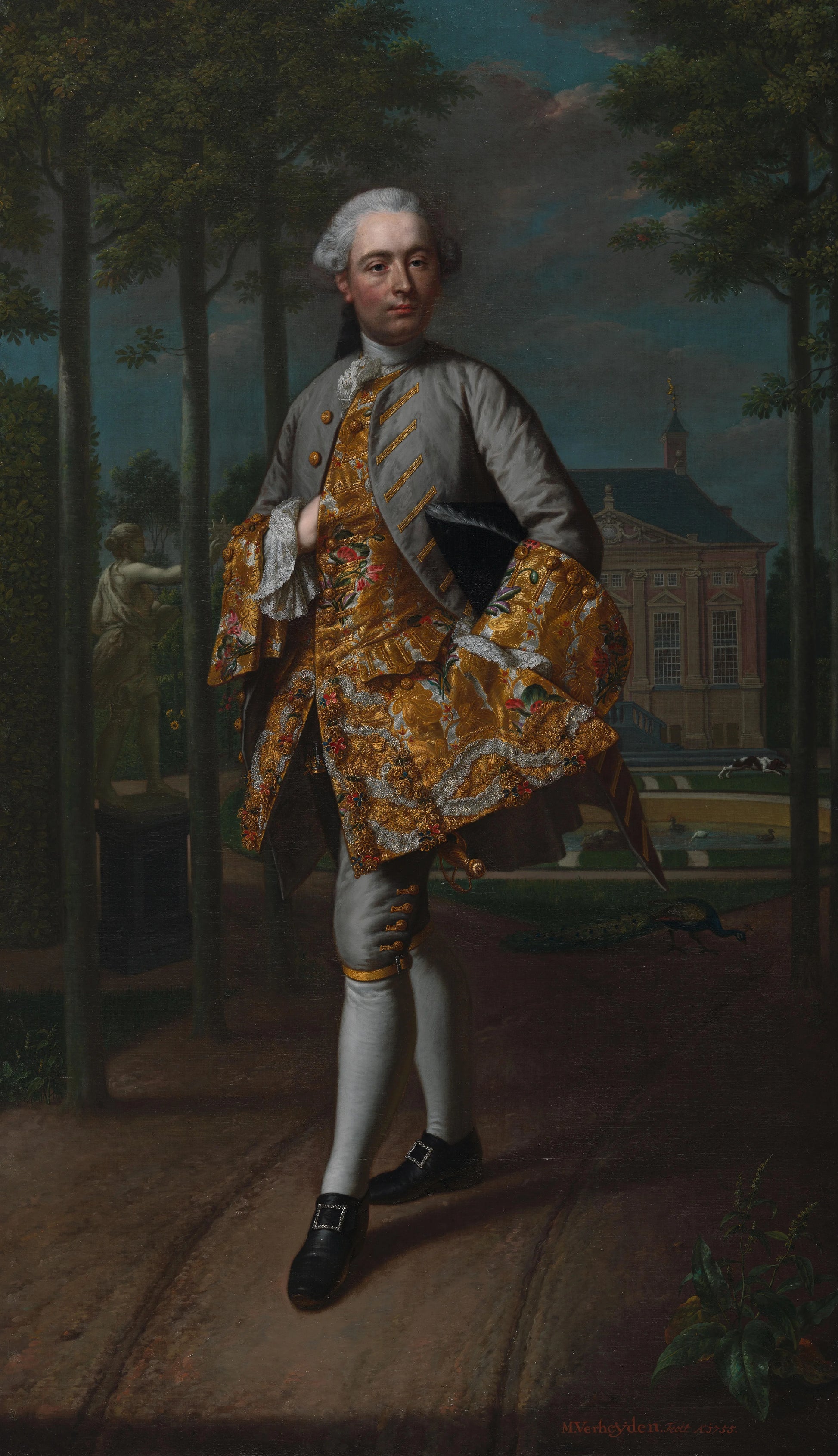 Gerard Cornelis van Riebeeck (1722-1759), Secretary of Delft, presumably standing in front of his Country House Essensteyn at Voorburg – Mattheus Verheyden Vintage Portrait Art Print | Wall Art Poster