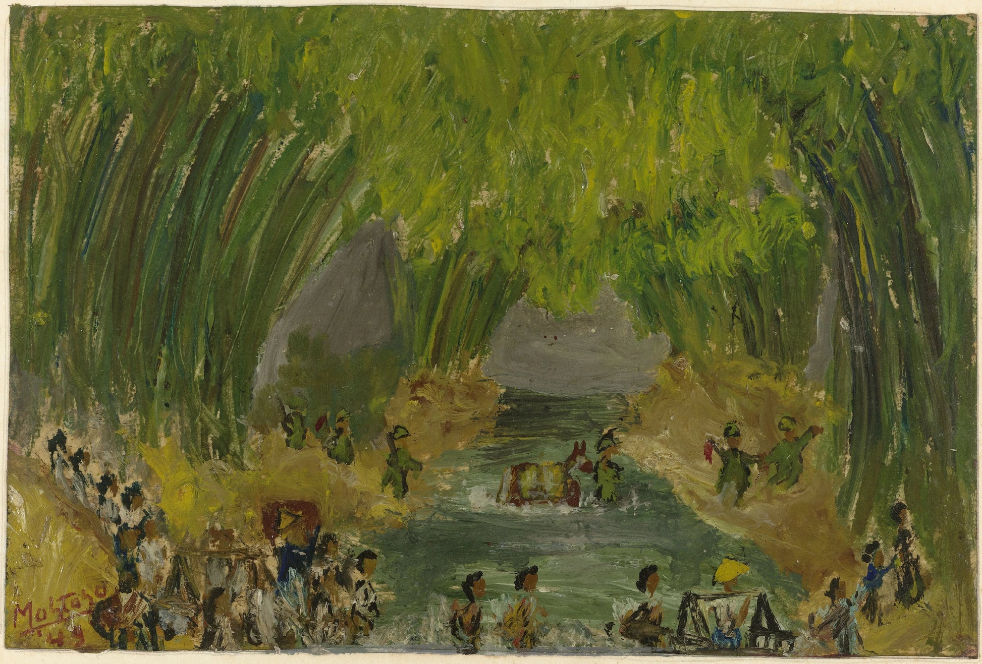Republican gurerrillas leave the city along with people crossing the river Code fleeing after the General Attack – Mohammad Toha Adimidjojo Vintage River Scene Art Print | Wall Art Poster