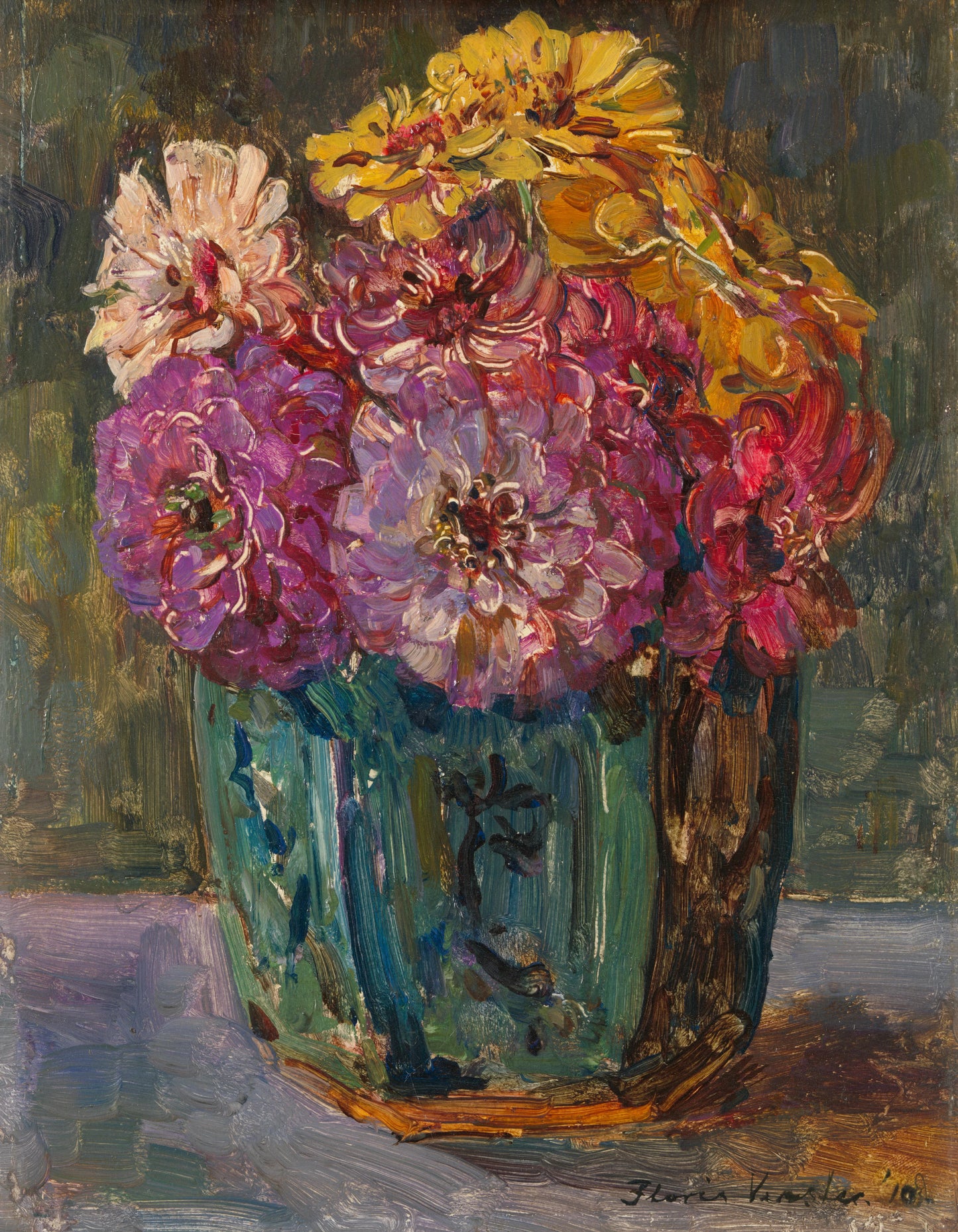 Still Life with Zinnias in a green Jar – Floris Verster Vintage Still Life Art Print | Wall Art Poster