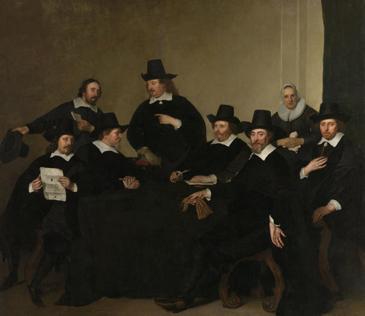 Portrait of the Regents of the Nieuwezijds Institute for the Outdoor Relief of the Poor, Amsterdam, c. 1650 – Jacob Adriaensz. Backer (eigenhandig gesigneerd) Vintage Portrait Art Print | Wall Art Poster
