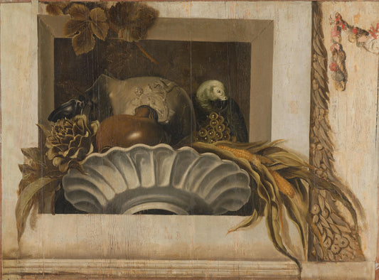Still Life with a Bowl of Corn, Artichokes, Grapes and a Parrot – Jacob van Campen Vintage Still Life Art Print | Wall Art Poster