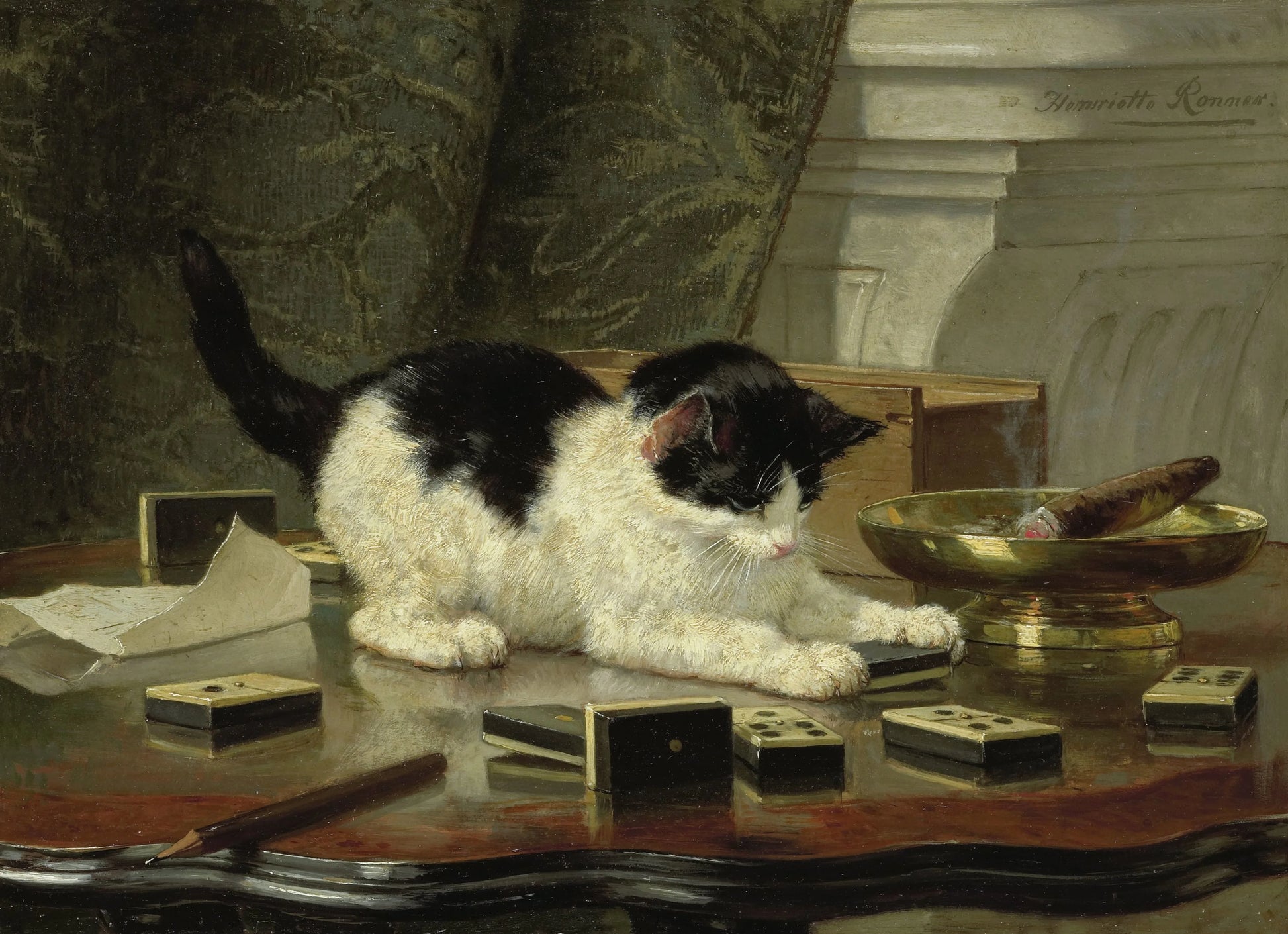 Cat at Play – Henriëtte Ronner (vermeld op object) Vintage Art Print | Wall Art Poster
