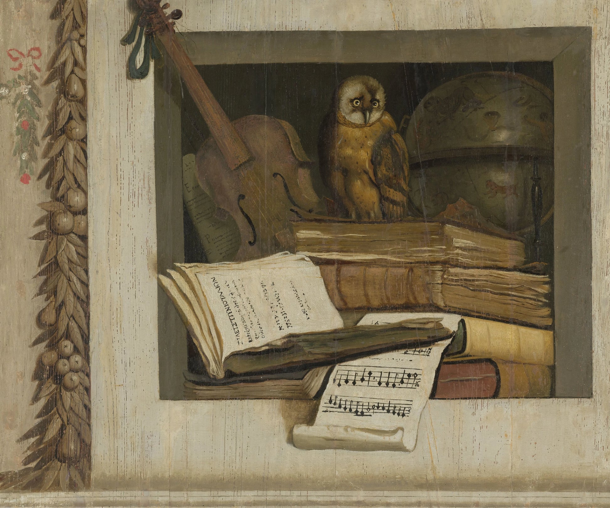 Still Life with Books, Sheet Music, Violin, Celestial Globe and an Owl – Jacob van Campen Vintage Still Life Art Print | Wall Art Poster