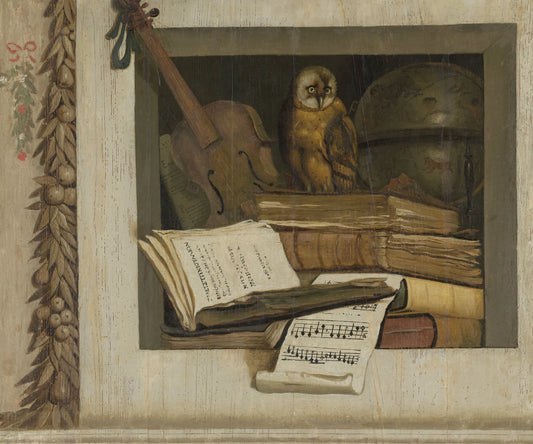Still Life with Books, Sheet Music, Violin, Celestial Globe and an Owl – Jacob van Campen Vintage Still Life Art Print | Wall Art Poster