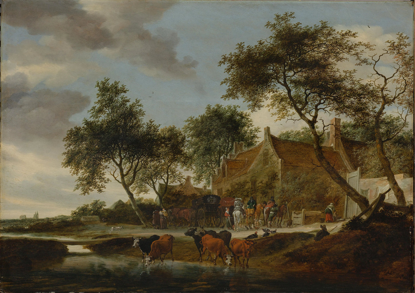 Landscape with Travellers before an Inn near a Watering Place – Salomon van Ruysdael (eigenhandig gesigneerd) Vintage Landscape Art Print | Wall Art Poster