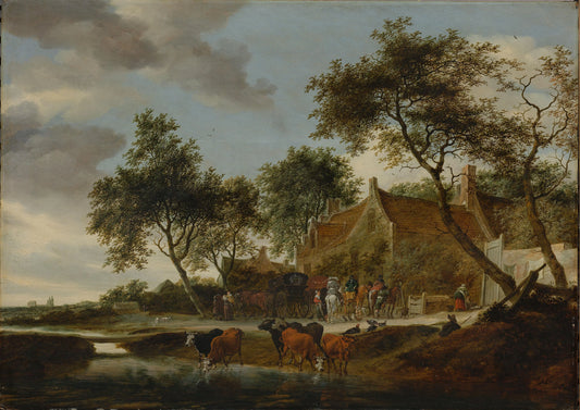 Landscape with Travellers before an Inn near a Watering Place – Salomon van Ruysdael (eigenhandig gesigneerd) Vintage Landscape Art Print | Wall Art Poster