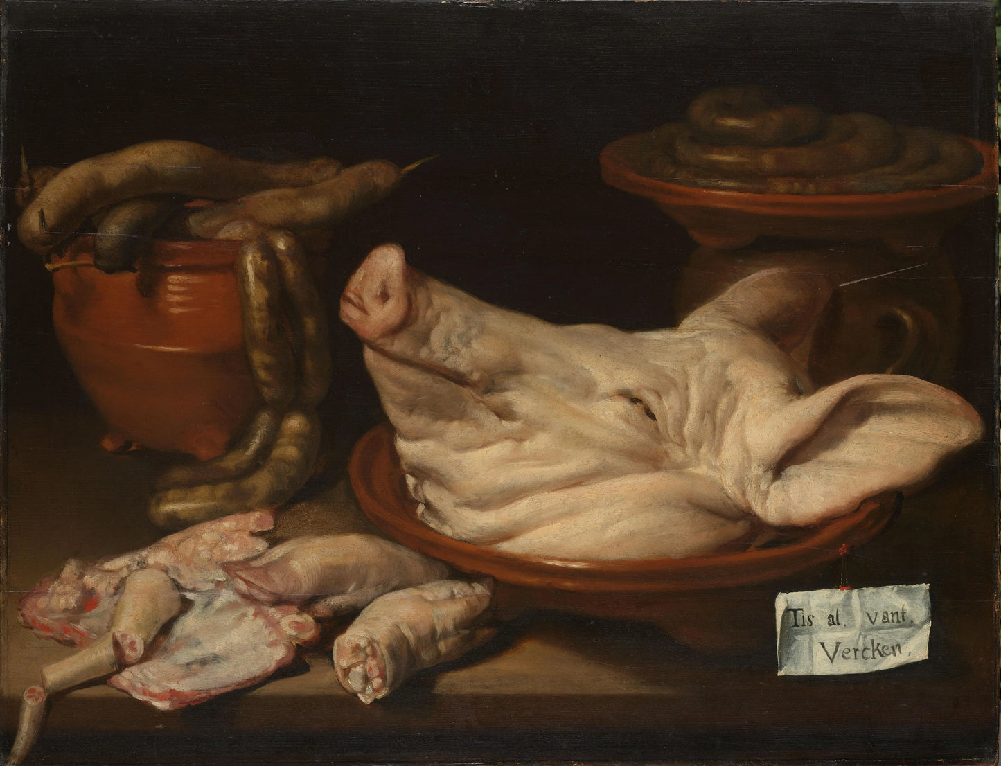 Still Life with Pig's Head, Pig's Knuckles and Sausage – Monogrammist JVR Vintage Still Life Art Print | Wall Art Poster