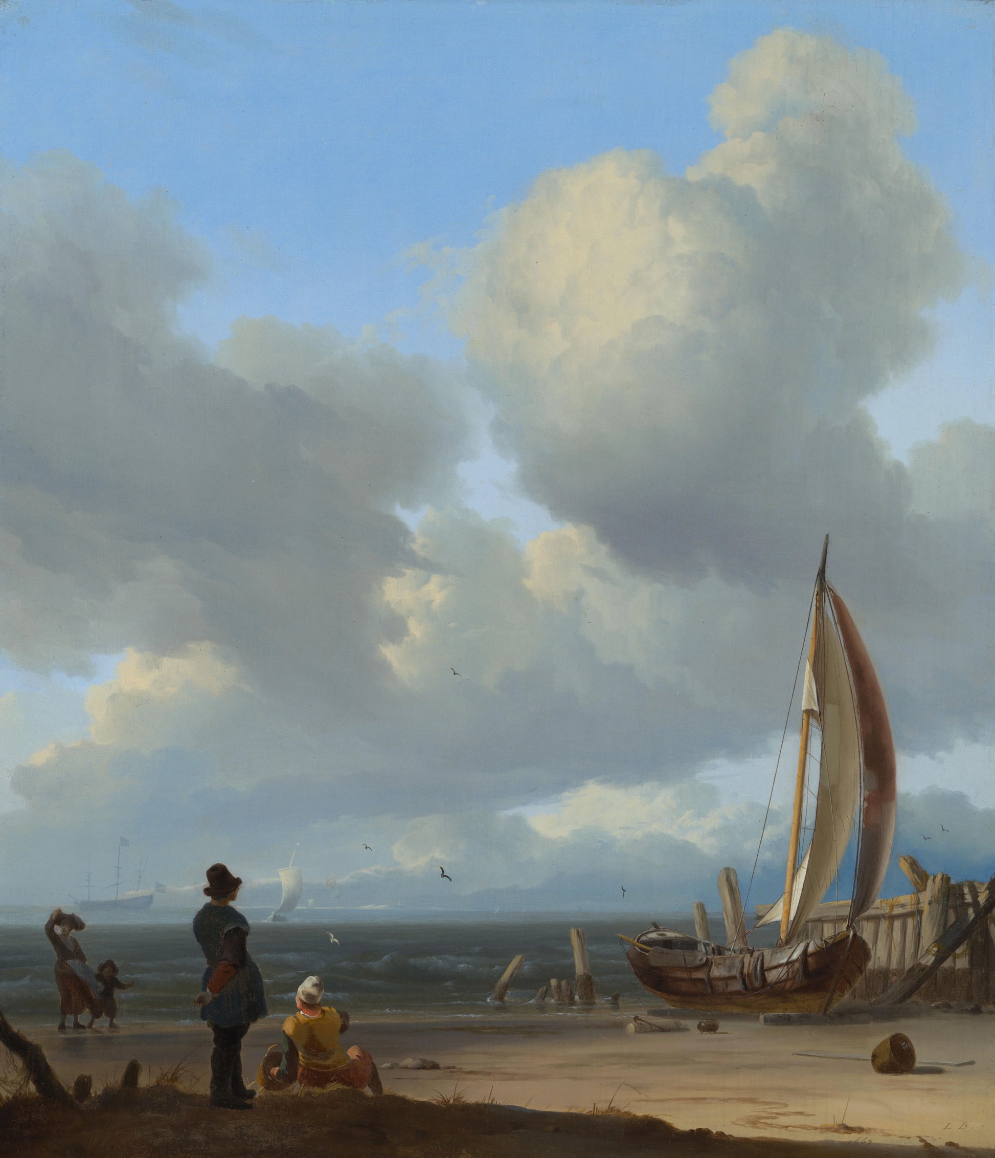 An extensive seascape with figures by a boat on a shore – Ludolf Bakhuysen (signed by artist) Vintage Seascape Art Print | Wall Art Poster