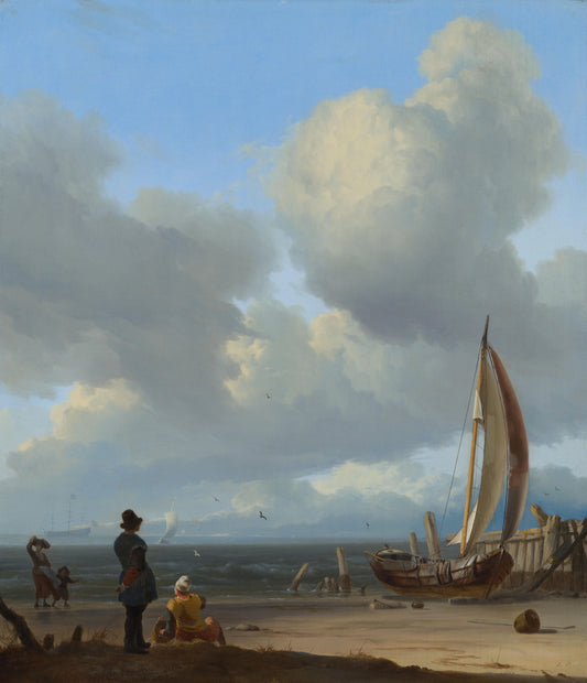 An extensive seascape with figures by a boat on a shore – Ludolf Bakhuysen (signed by artist) Vintage Seascape Art Print | Wall Art Poster