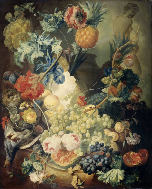 Still Life with Flowers, Fruit and Birds – Jan van Os Vintage Still Life Art Print | Wall Art Poster