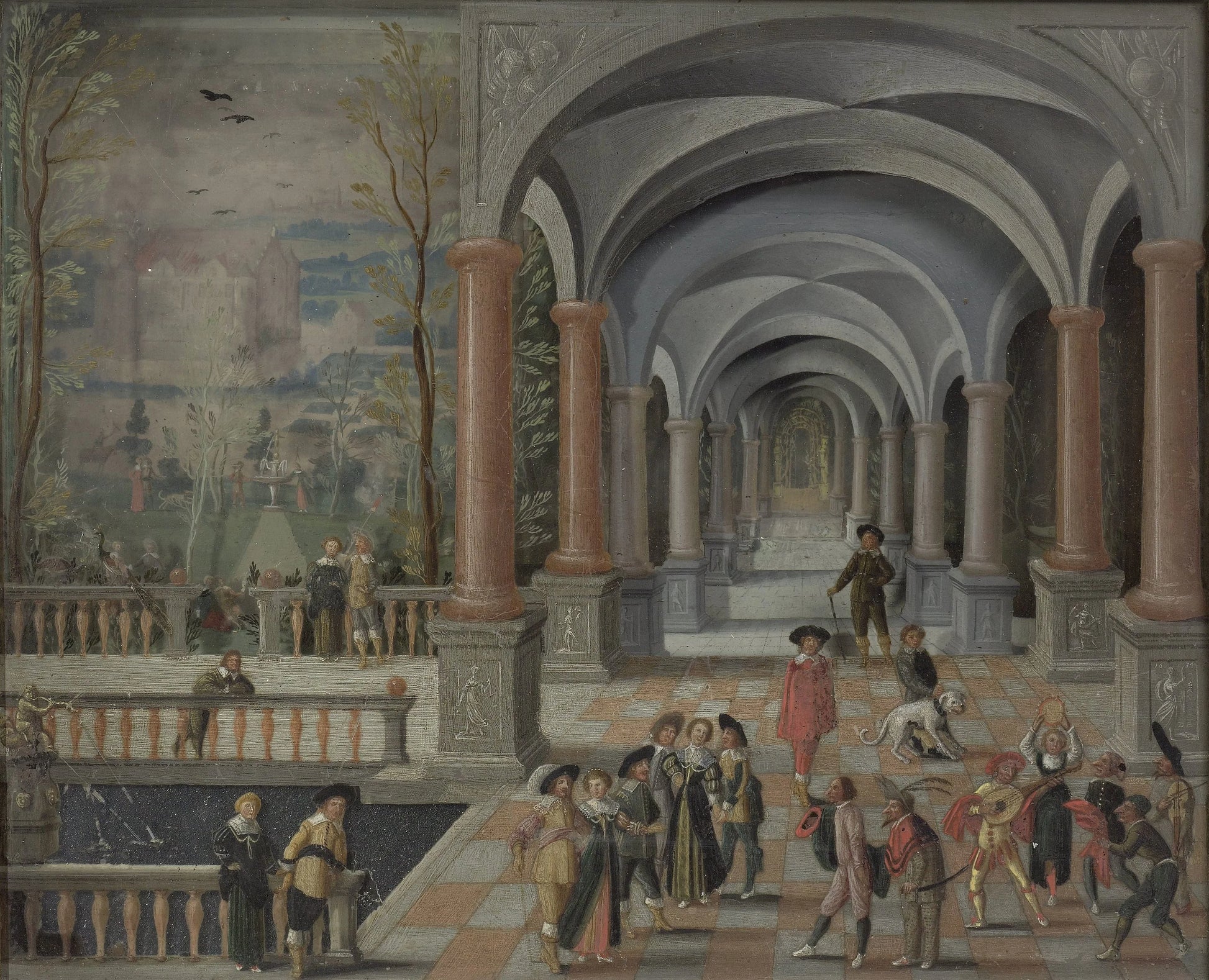 Festive Gathering and Figures from a Commedia dell'Arte in a Gallery – Monogrammist DB (schilder) Vintage Art Print | Wall Art Poster