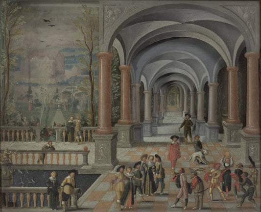 Festive Gathering and Figures from a Commedia dell'Arte in a Gallery – Monogrammist DB (schilder) Vintage Art Print | Wall Art Poster