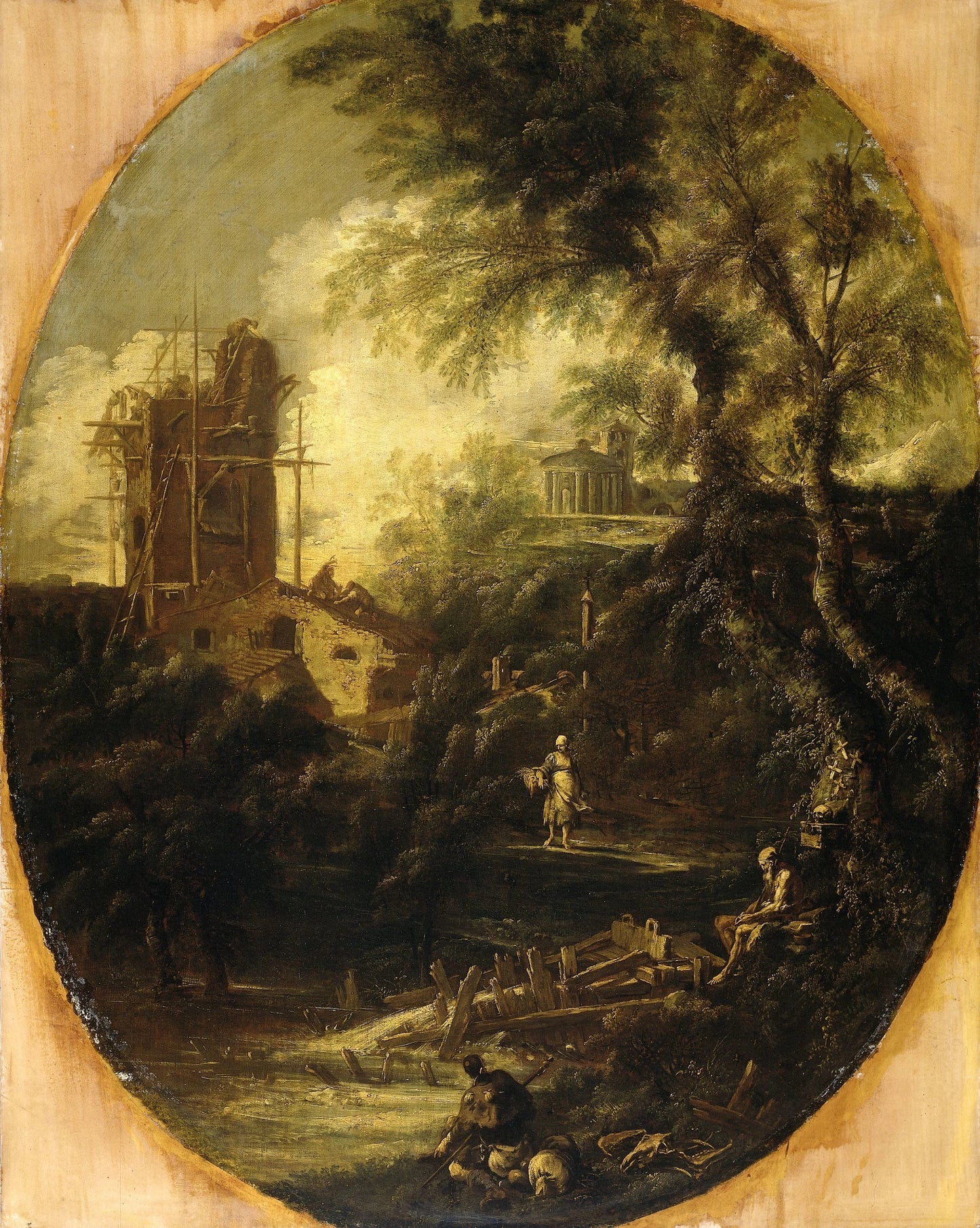 Landscape with Hermit, Pilgrim and Peasant Woman – toegeschreven aan Antonio Francesco Peruzzini Vintage Landscape Art Print | Wall Art Poster