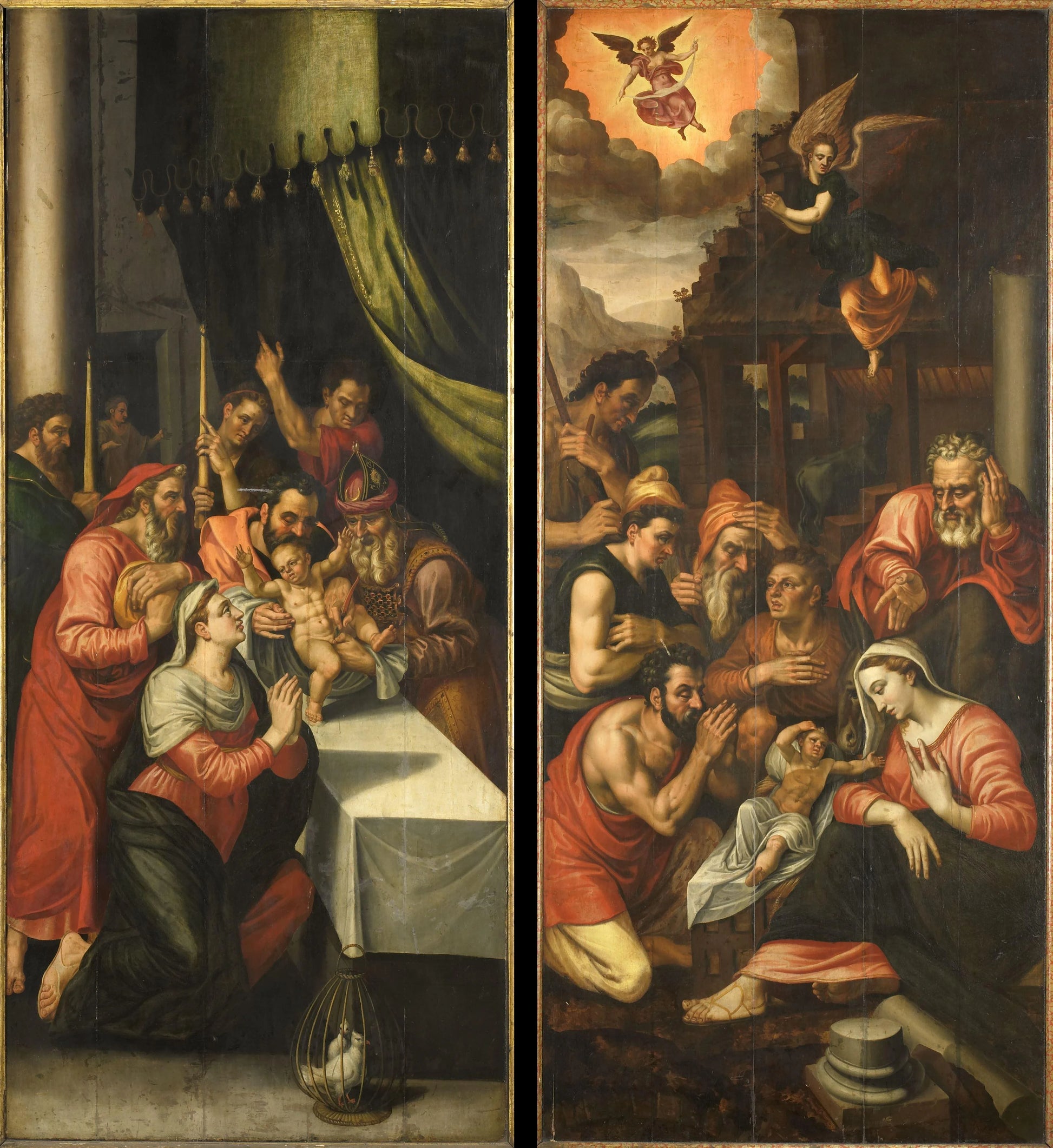 Altarpiece Wing with the Adoration of the Shepherds. On the outside are Six Kneeling Noblemen in Armor – anoniem Vintage Art Print | Wall Art Poster
