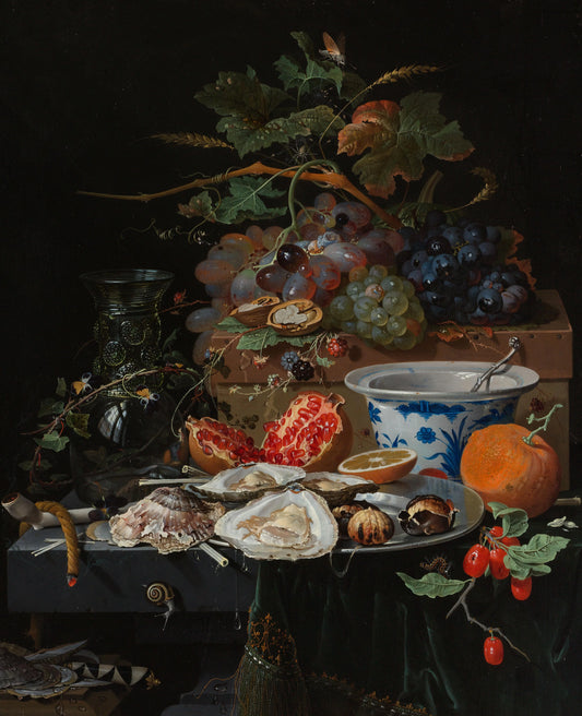 Still Life with Fruit, Oysters, and a Porcelain Bowl – Abraham Mignon (mentioned on object) Vintage Still Life Art Print | Wall Art Poster