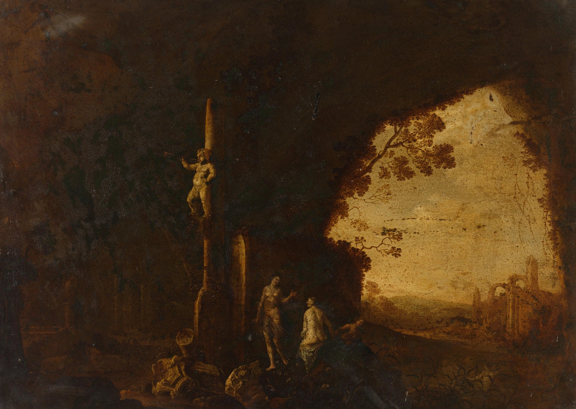 Nymphs in a Cave with Antique Ruins – Petrus van Hattich (mentioned on object) Vintage Landscape Art Print | Wall Art Poster