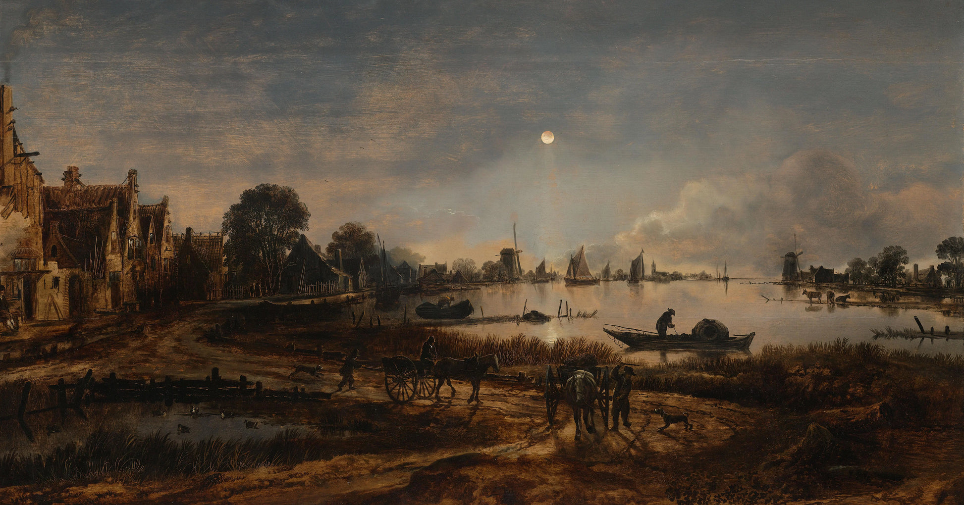River View by Moonlight – Aert van der Neer (mentioned on object) Vintage Landscape Art Print | Wall Art Poster