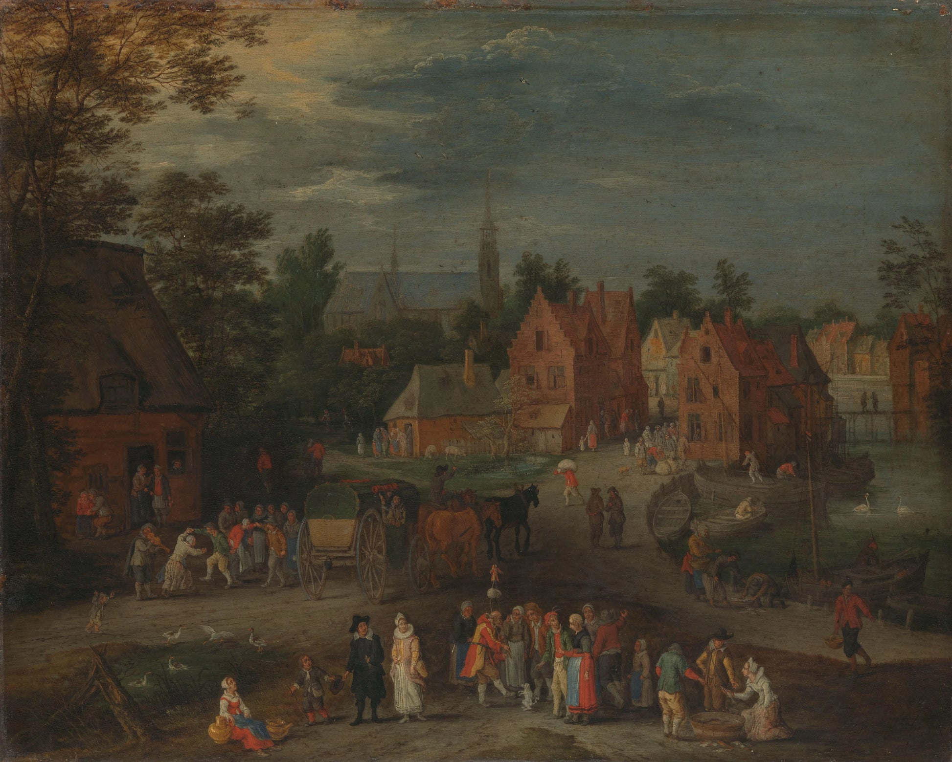 Village with a Puppeteer Entertaining a Small Crowd – Peeter Gijsels Vintage Animal Study Art Print | Wall Art Poster