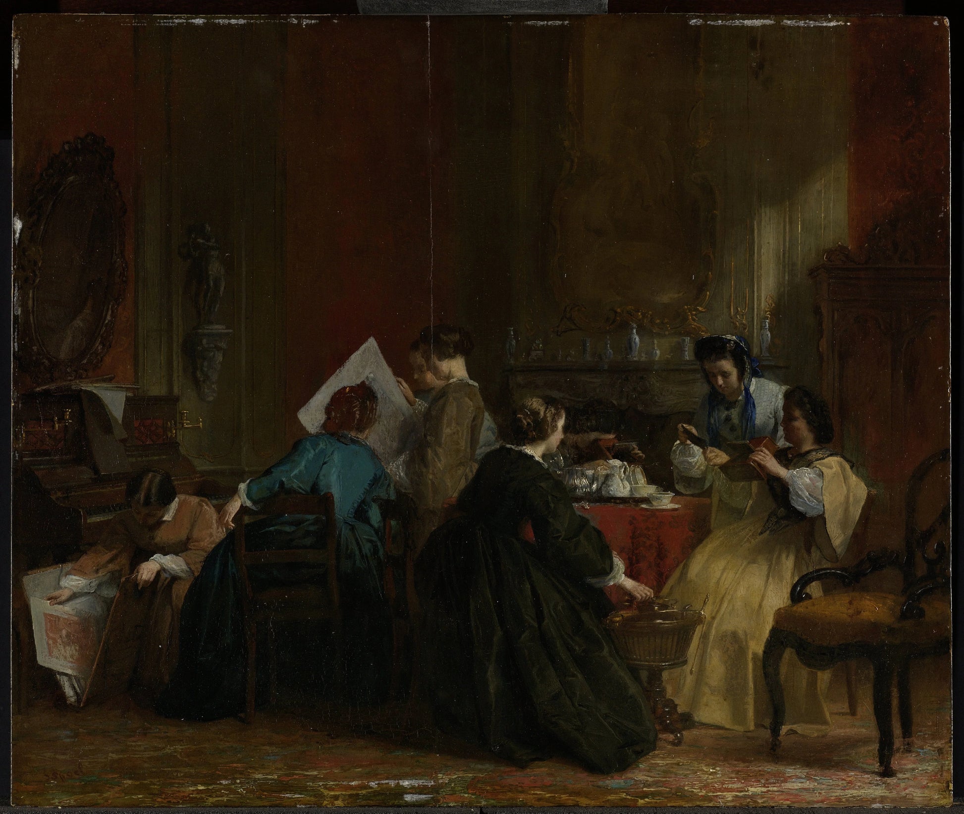 Group of Women Looking at Stereoscope Photographs – Jacob Spoel (vermeld op object) Vintage Art Print | Wall Art Poster