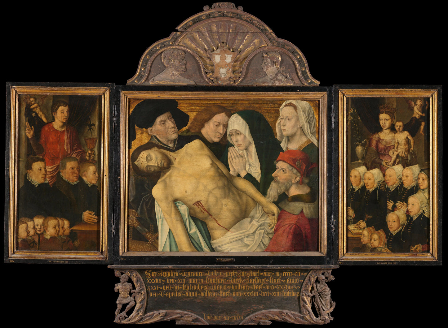 Memorial Triptych, formerly called the Gertz Memorial Triptych, with the Lamentation (central panel), nine male Donor Portraits with Saint John the Evangelist (left wing, inner), nine female Donor Portraits with the Virgin and Child (right wing, inner), S