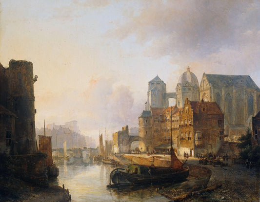 View of a Town on a River – Kasparus Karsen (eigenhandig gesigneerd) Vintage River Scene Art Print | Wall Art Poster