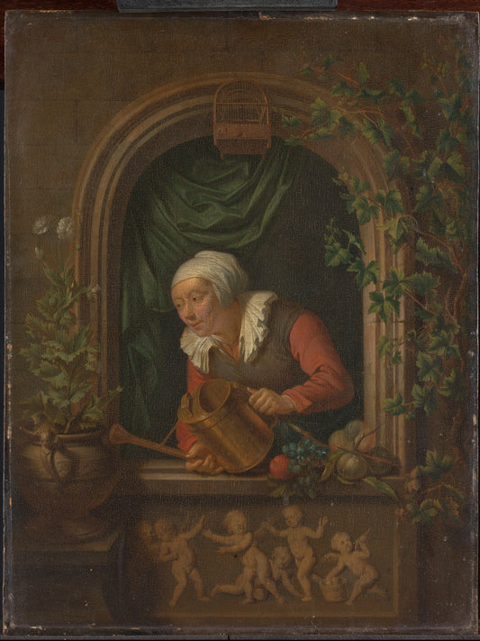 Woman Watering a Plant – Louis de Moni Vintage Floral Art Print | Wall Art Poster