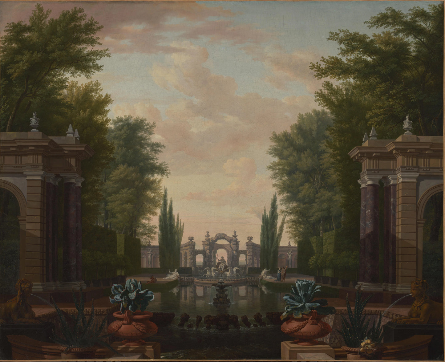 Water Terrace with Statues and Fountains in a Park – Isaac de Moucheron Vintage Garden Scene Art Print | Wall Art Poster