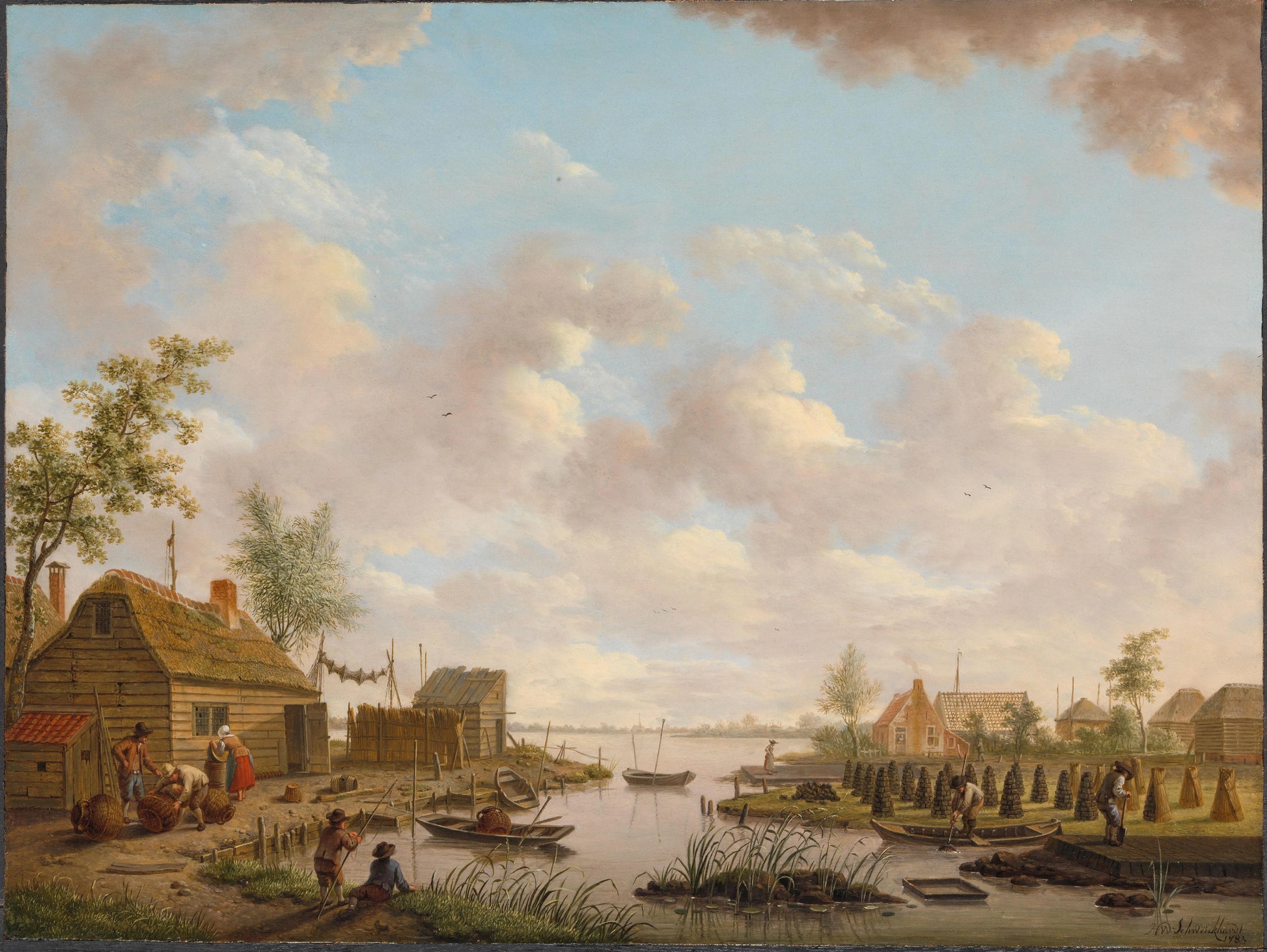 Landscape with Fishermen and Farmers Extracting Peat in a Marsh – Hendrik Willem Schweickhardt Vintage Landscape Art Print | Wall Art Poster