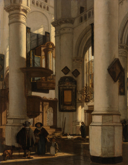 Interior of a Protestant, Gothic Church, with a Gravedigger in the Choir – Emanuel de Witte Vintage Art Print | Wall Art Poster