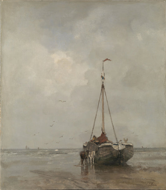Bluff-bowed Fishing Boat on the Beach at Scheveningen – Jacob Maris Vintage Marine Scene Art Print | Wall Art Poster
