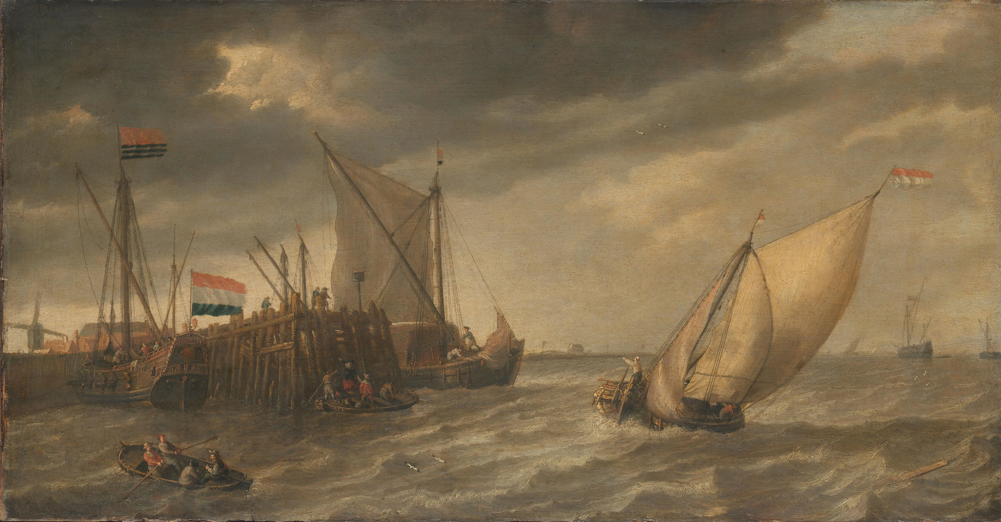 Travellers Disembarking at a Jetty on the Scheldt in Strong Winds – Bonaventura Peeters (I) Vintage Marine Scene Art Print | Wall Art Poster