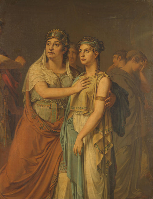 De actrices Joanna Cornelia Ziesenis-Wattier (1762-1827) en Geertruida Jacoba Grevelink-Hilverdink (1786-1827) in Iphigenia (1674) van Jean Racine (1639-99) – Louis Moritz Vintage Portrait Art Print | Wall Art Poster