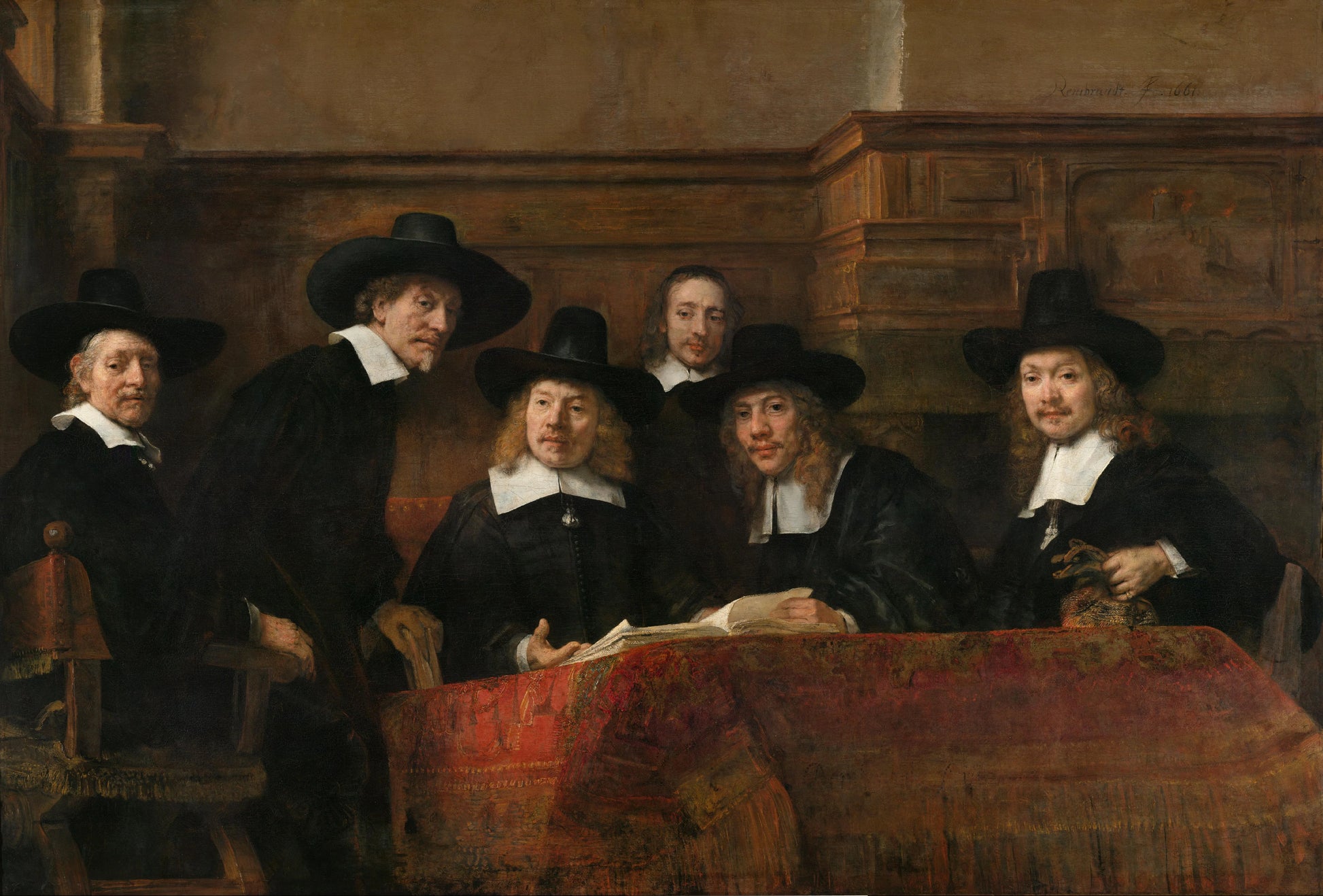 The Sampling Officials of the Amsterdam Drapers’ Guild, Known as ‘The Syndics’ – Rembrandt van Rijn Vintage Portrait Art Print | Wall Art Poster