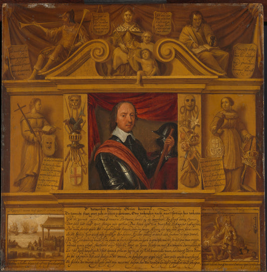 Portrait of Oliver Cromwell, in a Frame with Allegorical Figures and Historical Representations – anonymous Vintage Portrait Art Print | Wall Art Poster