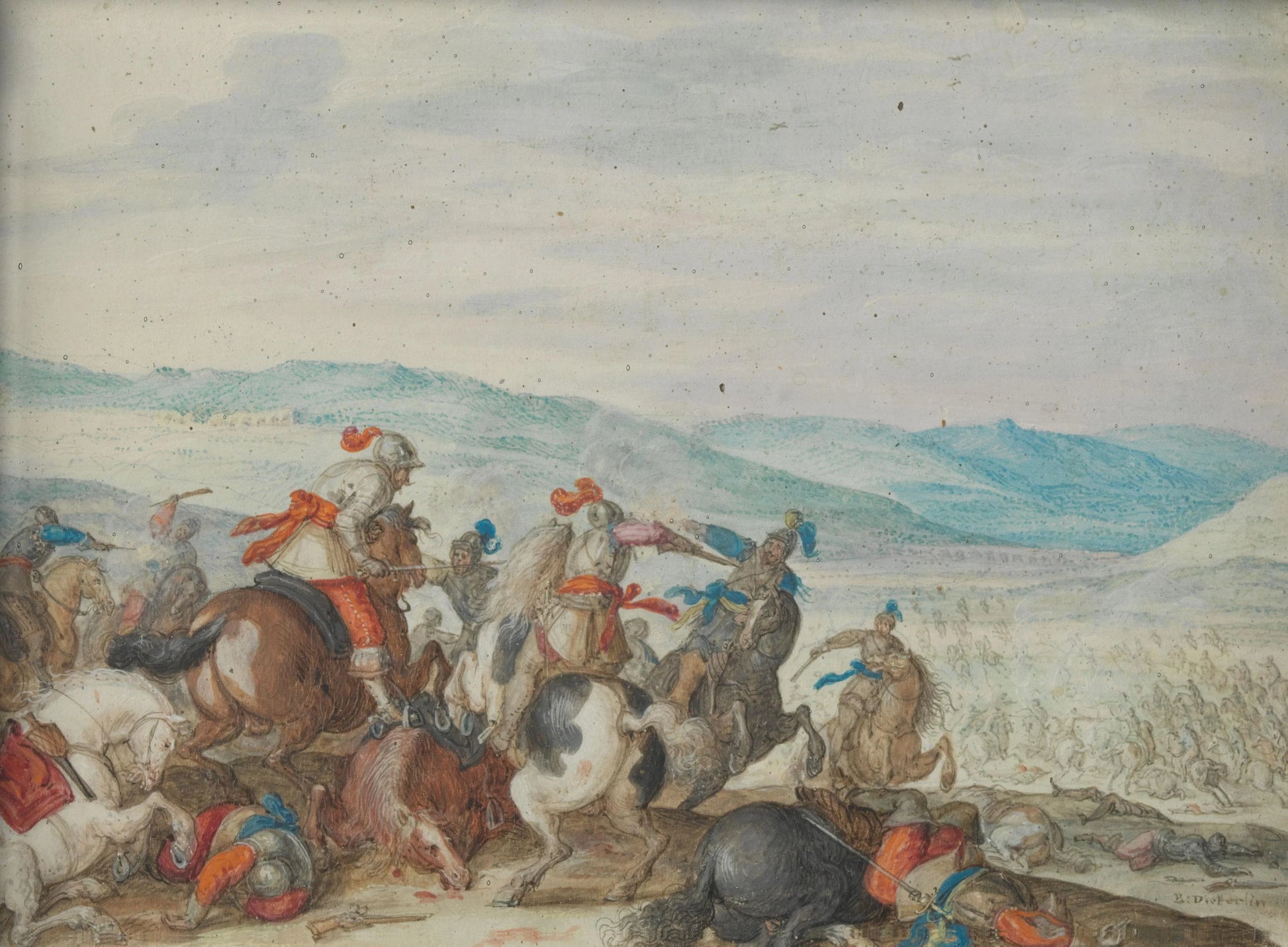 Cavalry Skirmish Mountainous Landscape – Bartholomäus Dietterlin Vintage Landscape Art Print | Wall Art Poster