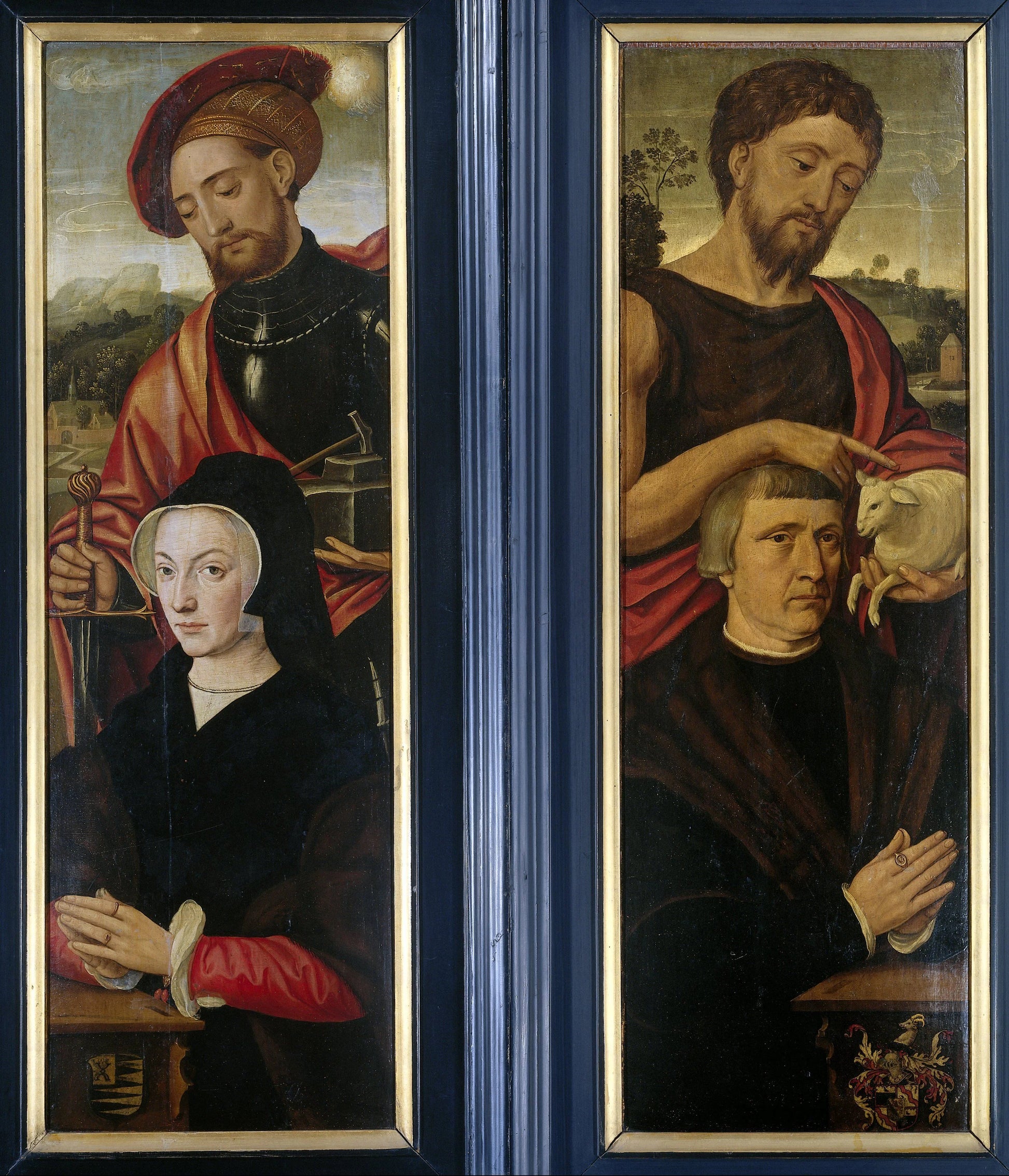 Two Wings of a Triptych with Portraits of Donors with Saints Adrian and John the Baptist – toegeschreven aan Pieter Pourbus Vintage Portrait Art Print | Wall Art Poster