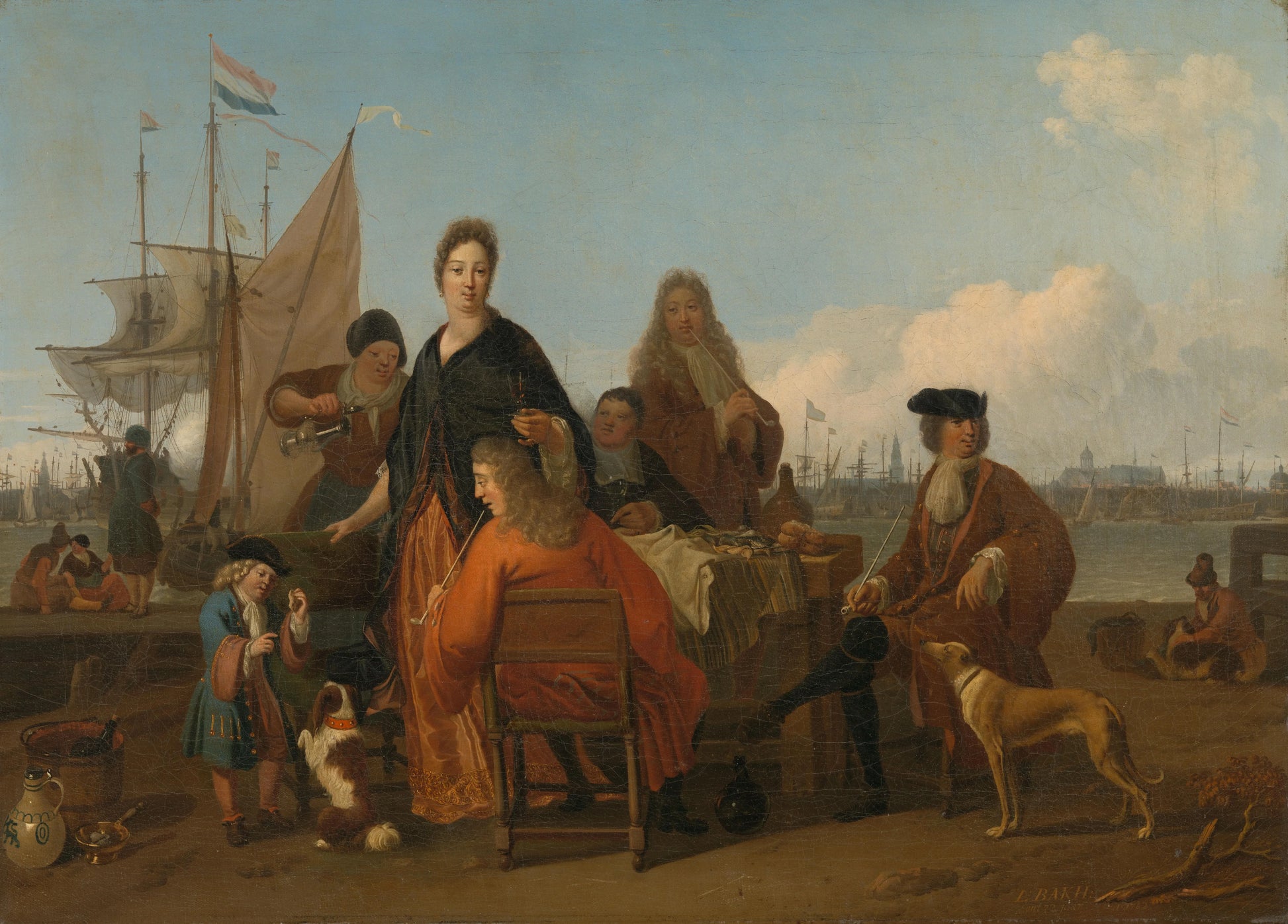 The Bakhuysen and de Hooghe Families dining at the Mosselsteiger (Mussel Pier) on the Y, Amsterdam – Ludolf Bakhuysen (eigenhandig gesigneerd) Vintage Harbour Scene Art Print | Wall Art Poster