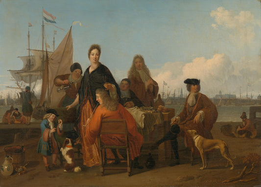The Bakhuysen and de Hooghe Families dining at the Mosselsteiger (Mussel Pier) on the Y, Amsterdam – Ludolf Bakhuysen (eigenhandig gesigneerd) Vintage Harbour Scene Art Print | Wall Art Poster