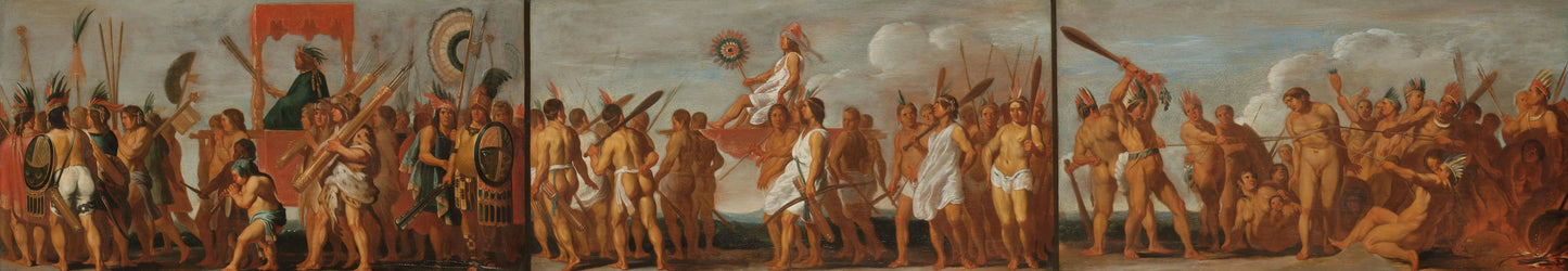 Prisoners of the Tupinamba Indians: three scenes – anoniem Vintage Art Print | Wall Art Poster