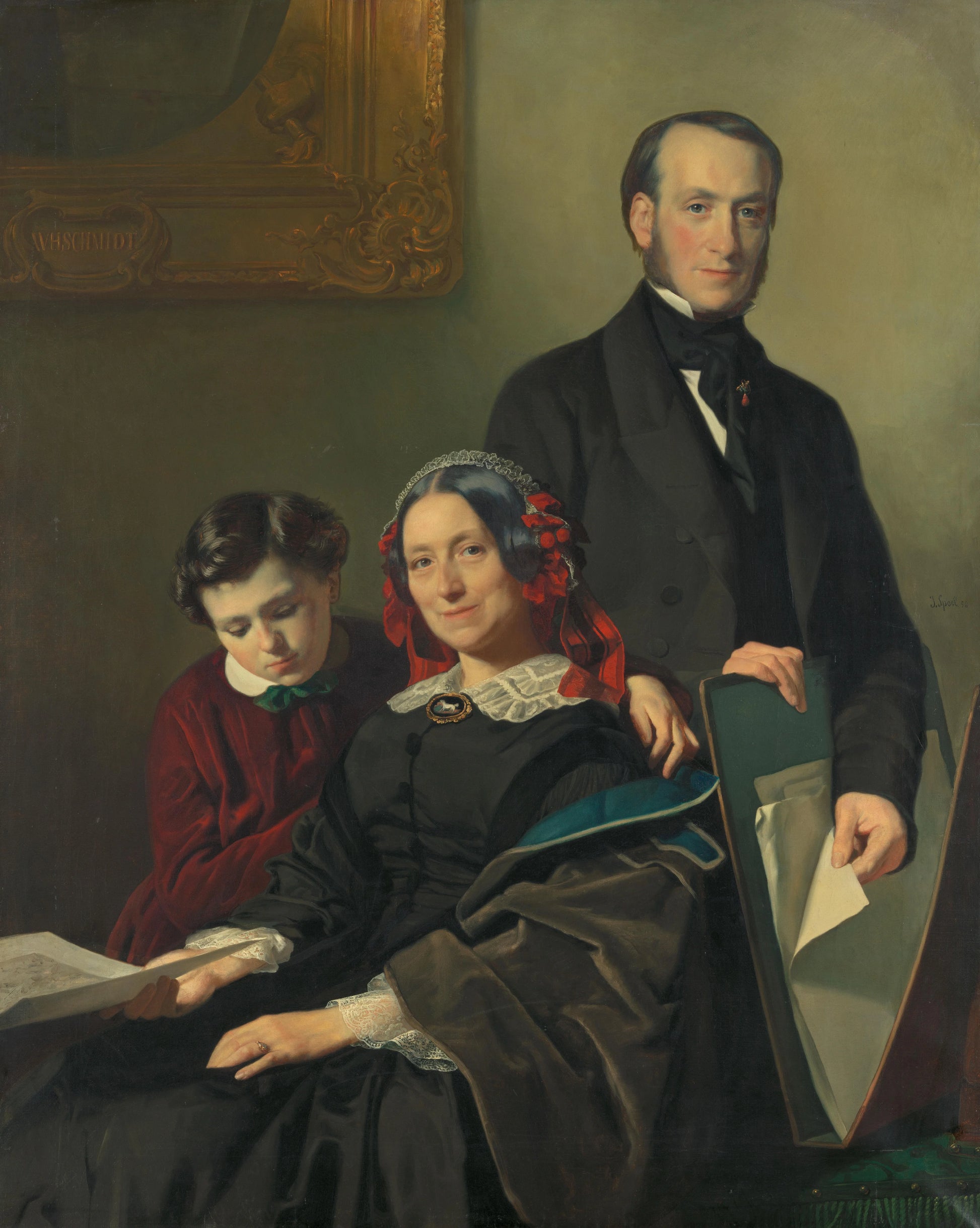 Mevrouw A.J. Schmidt-Keiser, weduwe van de schilder Willem Hendrik Schmidt (1809-49), de leermeester van Jacob Spoel, met haar broer J.N. Keiser en haar tienjarig zoontje – Jacob Spoel Vintage Portrait Art Print | Wall Art Poster