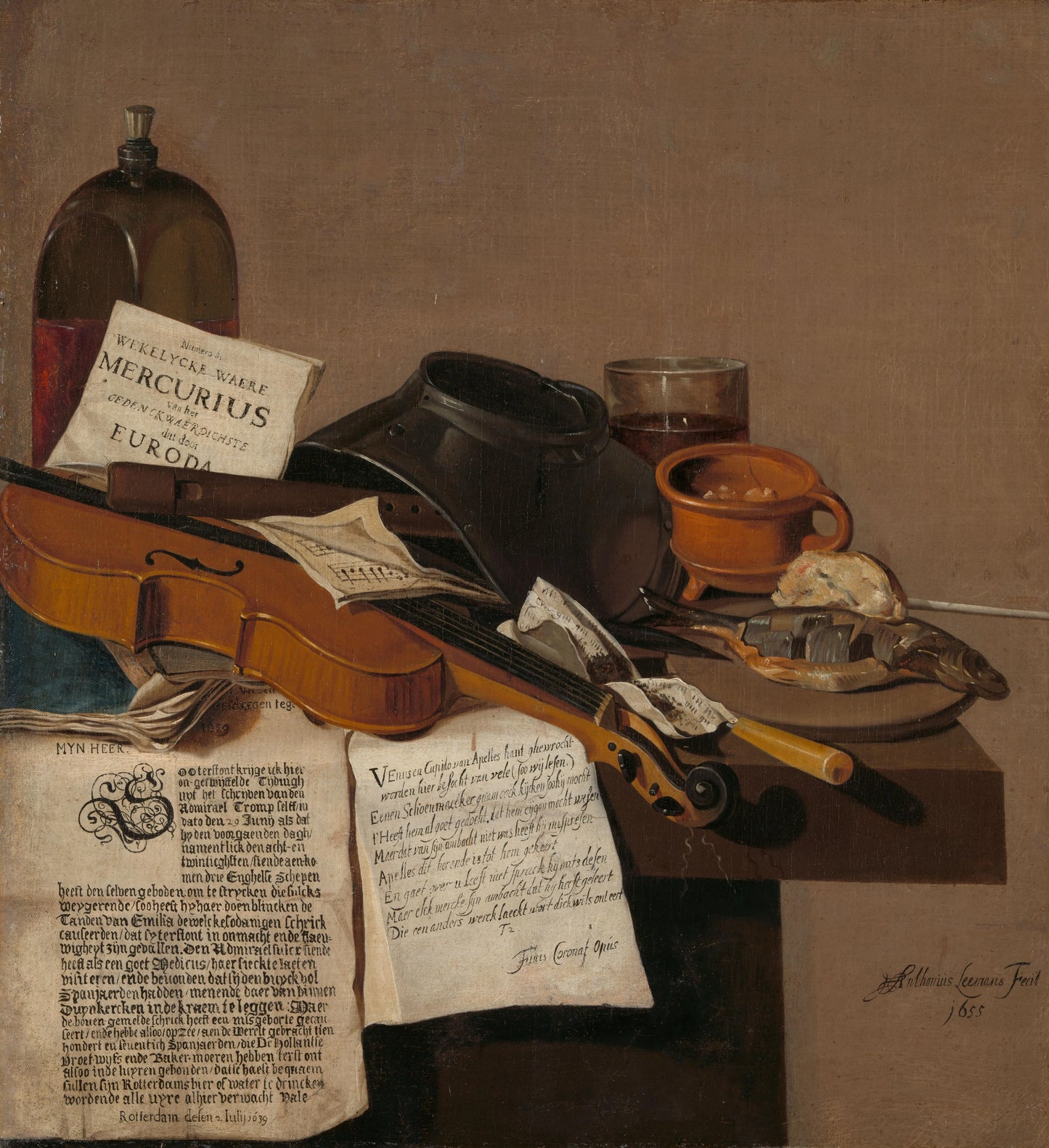 Still Life with a Copy of De Waere Mercurius, a Broadsheet with the News of Tromp's Victory over three English Ships on 28 June 1639, and a Poem telling the story of Apelles and the Cobbler – Anthonius Leemans Vintage Still Life Art Print | Wall Art Poste