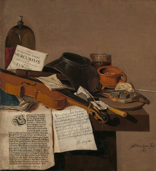 Still Life with a Copy of De Waere Mercurius, a Broadsheet with the News of Tromp's Victory over three English Ships on 28 June 1639, and a Poem telling the story of Apelles and the Cobbler – Anthonius Leemans Vintage Still Life Art Print | Wall Art Poste