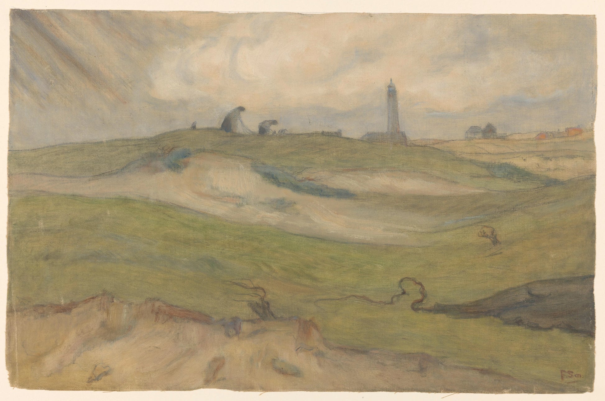 Duinlandschap met vuurtoren en nettenboeters – Frans Smissaert Vintage Art Print | Wall Art Poster