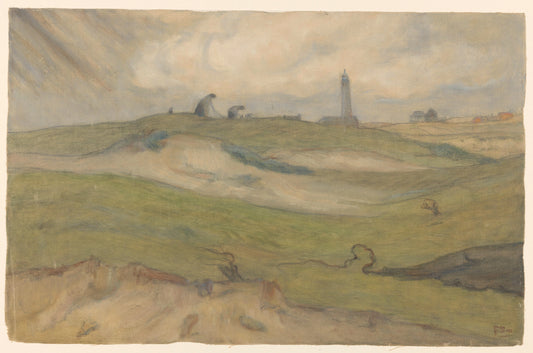 Duinlandschap met vuurtoren en nettenboeters – Frans Smissaert Vintage Art Print | Wall Art Poster