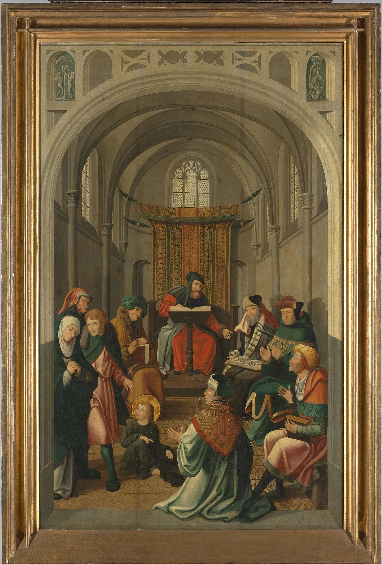 Panel of an Altarpiece with Dispute with the Doctors, on verso is Appearance of Christ to his Mother – attributed to Master of Alkmaar Vintage Art Print | Wall Art Poster
