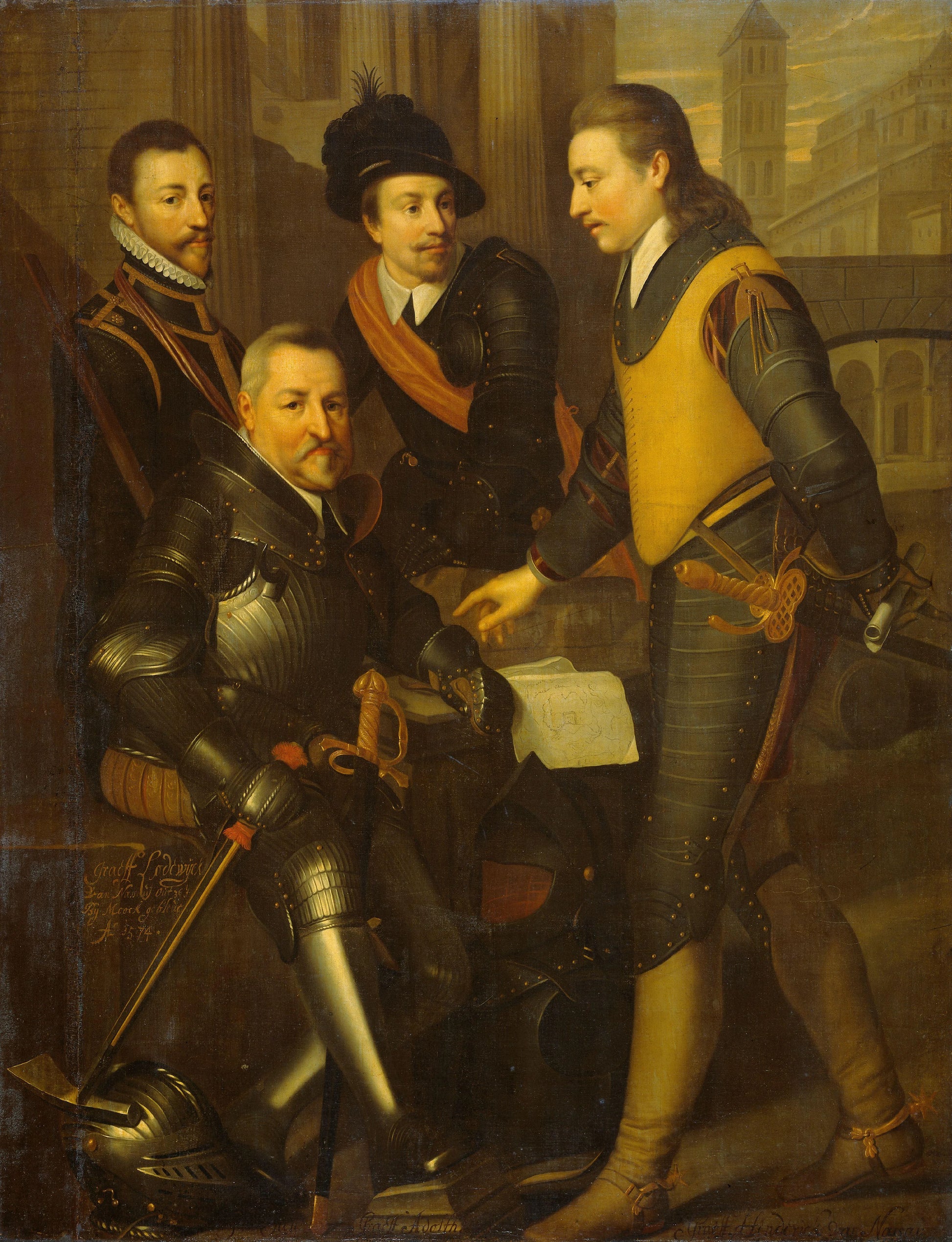 The Four Brothers of Willem I, Prince of Orange: Jan (1536-1606), sitting Hendrik (1550-74), Adolf (1540-68) and Lodewijk (1538-74) – workshop of Wybrand de Geest Vintage Art Print | Wall Art Poster