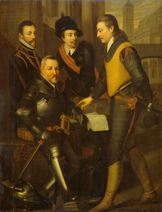 The Four Brothers of Willem I, Prince of Orange: Jan (1536-1606), sitting Hendrik (1550-74), Adolf (1540-68) and Lodewijk (1538-74) – workshop of Wybrand de Geest Vintage Art Print | Wall Art Poster