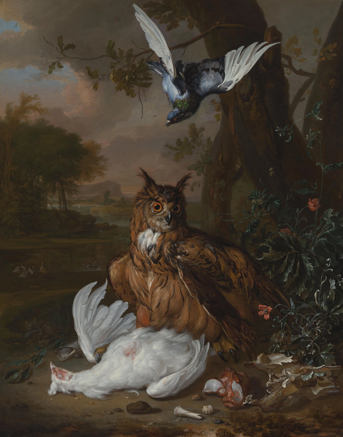 A Eurasian Eagle-Owl with Other Birds in a Landscape – toegeschreven aan Dirk Valkenburg Vintage Landscape Art Print | Wall Art Poster