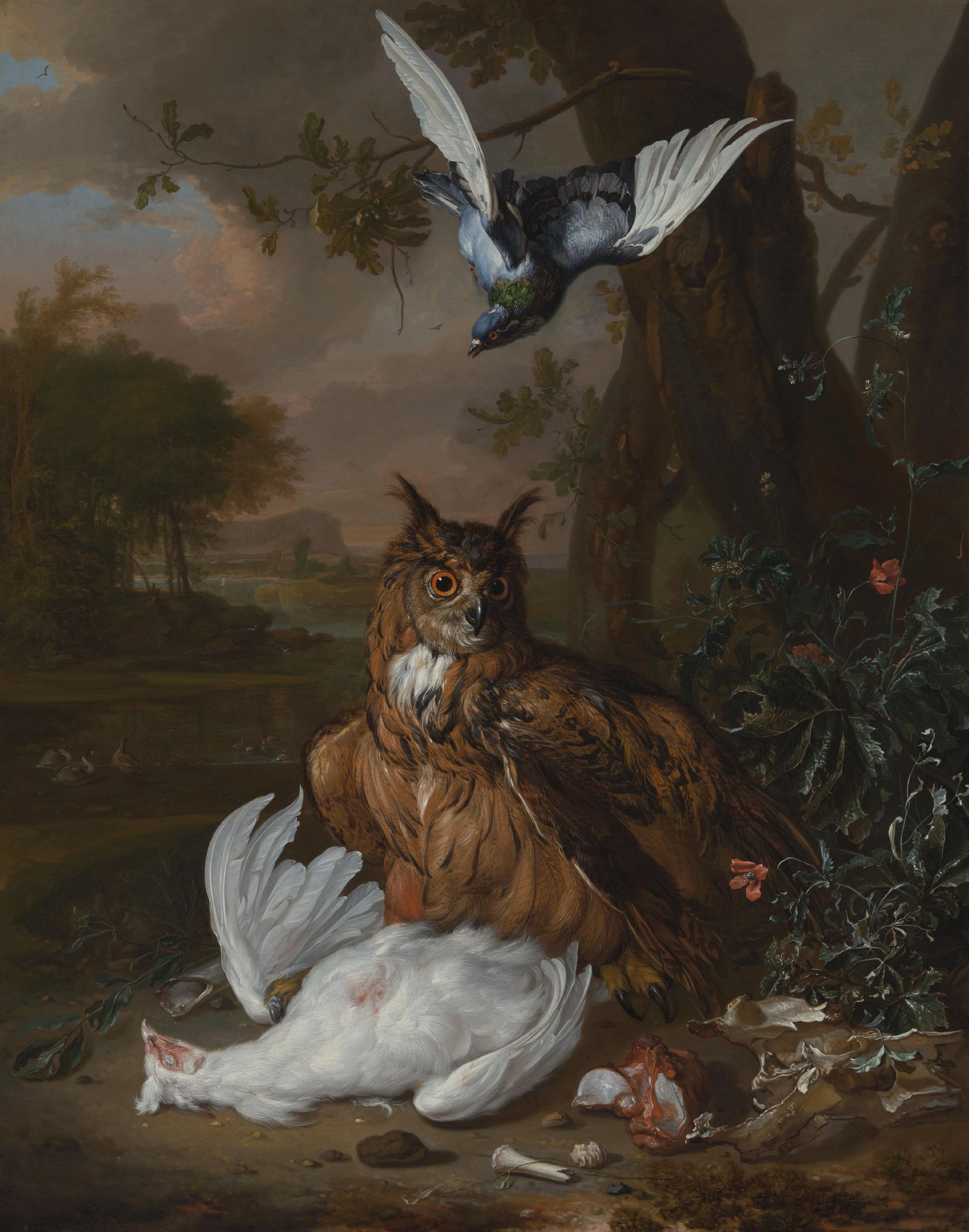 A Eurasian Eagle-Owl with Other Birds in a Landscape – toegeschreven aan Dirk Valkenburg Vintage Landscape Art Print | Wall Art Poster